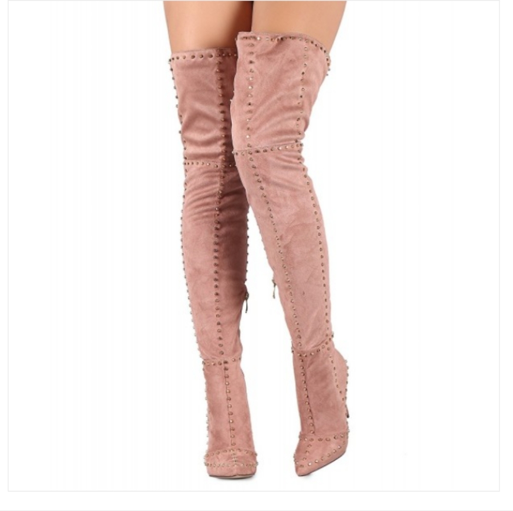 Mauve/pink suede gold studded thigh high stiletto boot